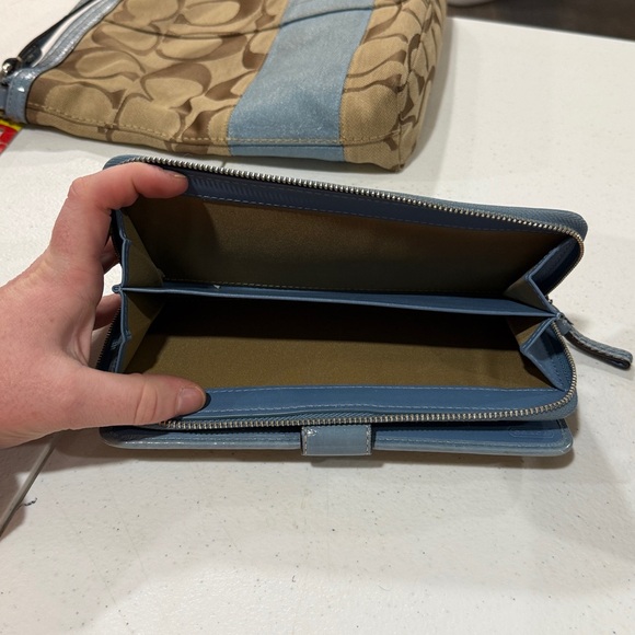 Coach Signature C Tan & Blue Striped Canvas and Leather...